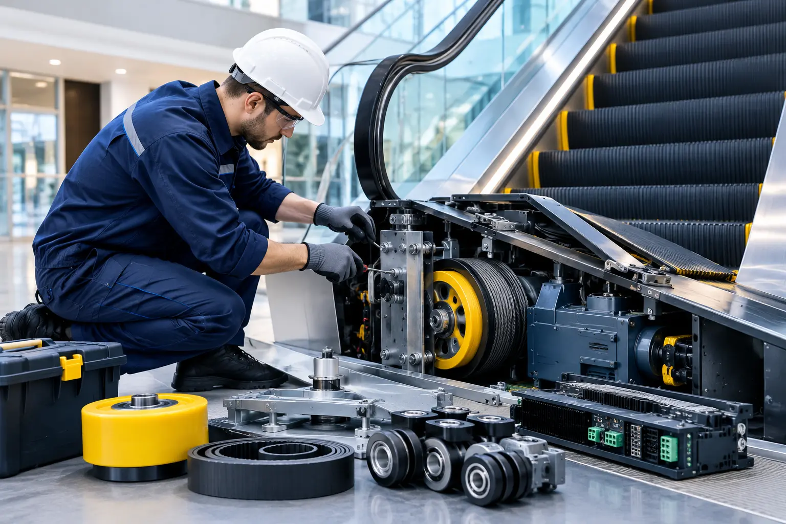 Technician handling escalator spare parts